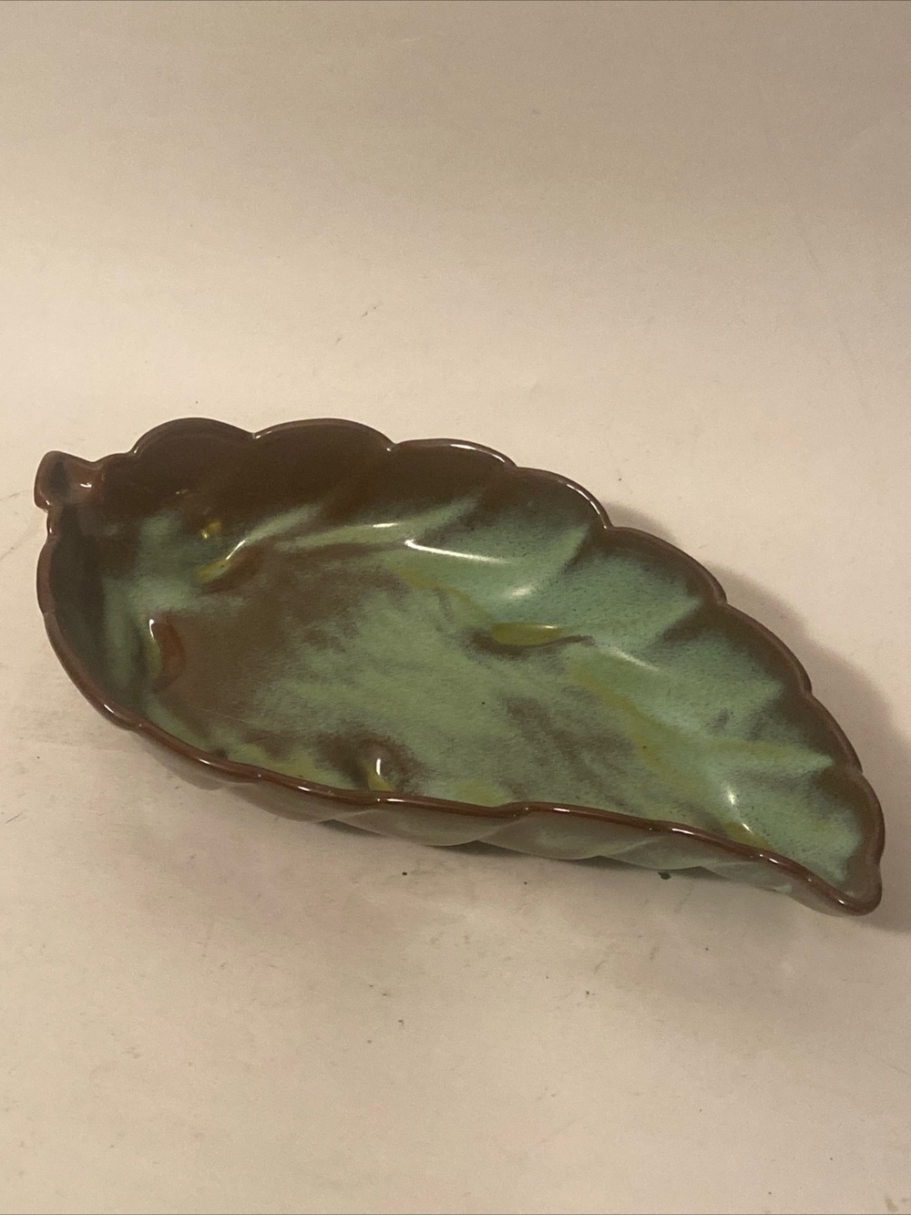Frankoma Pottery Vintage LEAF Dish #225 Prairie Green/ Brown Glaze